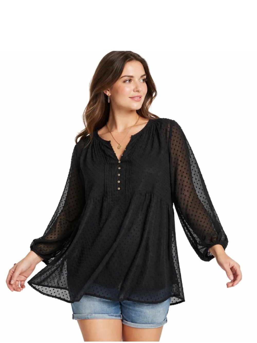 Bila Chiffon Sheer Swiss Dot Top Size XL Black 3/4 Sleeves Peasant Boho V-Neck